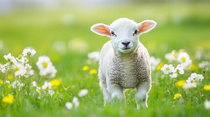 Fototapeta premium Spring Lamb in a Beautiful Green Field. Springtime Farming, Food, Agriculture Concept. 
