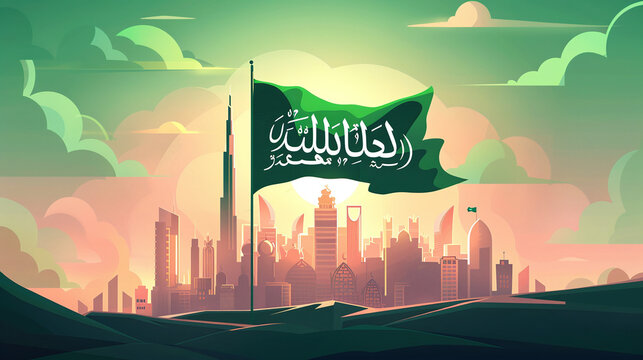 Illustration of a silhouette and waving flag of Saudi Arabia celebrating the establishment day