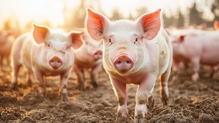 Many adult pigs at a pig farm Livestock breeding Meat industry and agriculture. with copy space image. Place for adding text or design