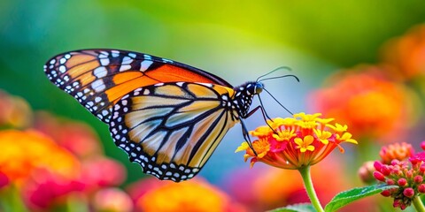 Naklejka premium Vibrant close-up photo of a monarch butterfly perched on a colorful flower, butterfly, monarch, insect, wildlife, nature