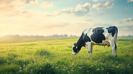 A beautiful black and white cow grazes peacefully in a lush green field surrounded by a serene pastoral landscape. Farming concept