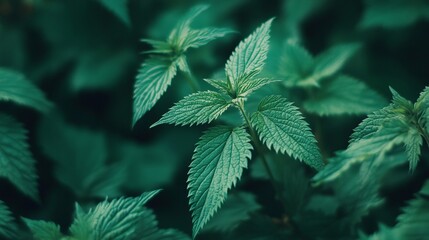 Fototapeta premium The young leaves of fresh green stinging nettle. Medicinal plant