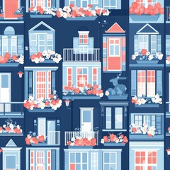 Fototapeta premium Seamless pattern of tiny beach huts with striped awnings