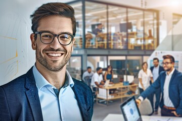 Fototapeta premium A businessman is deeply engrossed in his work at the office, displaying a thoughtful expression while exuding happiness and professionalism in his posture and positioning.