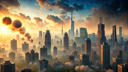 Fototapeta premium City skyline with smoke and haze from a virus pandemic , virus, pandemic, city, skyline, smoke, haze, pollution, urban