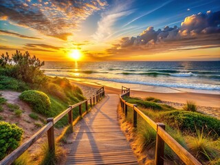 Serenene coastal atmosphere at sunset, gentle waves caress the sandy beach, and a tranquil path invites a leisurely stroll along the seashore.