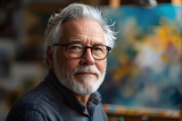there is a man with glasses and a beard in front of a painting