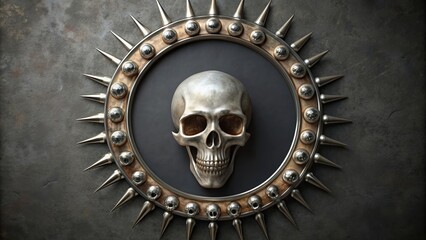 Naklejka premium Round horror metal frame with skull and spikes on background, horror, metal, frame, skull, spikes,background, gothic