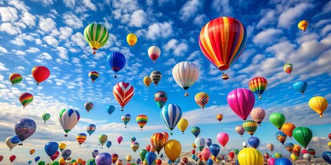 Colorful balloons flying in the sky at a festival, festive, celebration, vibrant, sky, helium, decorations, party, fun, cheerful