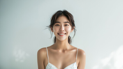 A young woman with a radiant smile poses confidently in a white bikini top. Her carefree expression and flowing hair exude a sense of joy and freedom.