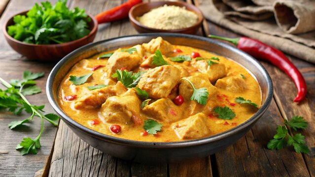 Creamy chicken korma dish with aromatic spices and garnished with fresh coriander leaves , Chicken, korma, curry, Indian, cuisine