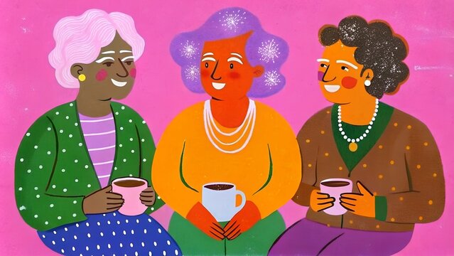 Cheerful diverse senior women enjoying coffee together. Colorful cartoon illustration of elderly friends socializing, vibrant background.