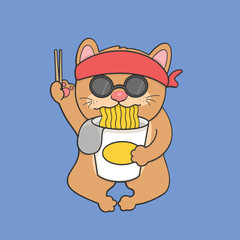 Cat Eating Noodles Vector Cartoon Cute Illustration Transparent Background