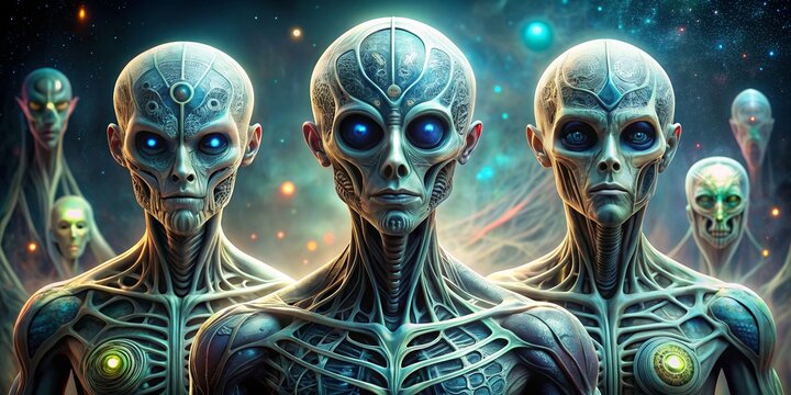 Digital of aliens with a fusion of biological and mechanical features representing advanced technology