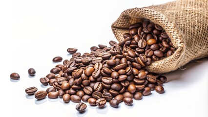 Fototapeta premium Roasted coffee beans spilling out of a burlap sack on white background, coffee, beans, burlap, sack, spilled