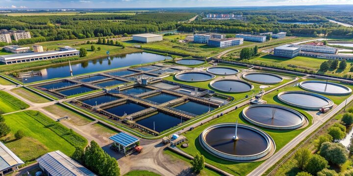 Aerial view of modern water cleaning facility at urban wastewater treatment plant in Tyumen