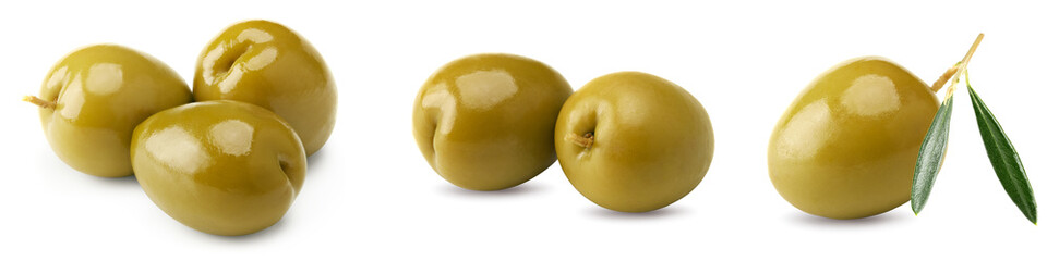 Marinated green olives with green leaves isolated on white background. clipping path
