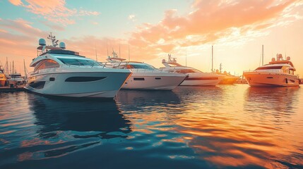 Luxury yachts in port at sunset. Modern motor boats. Yacht