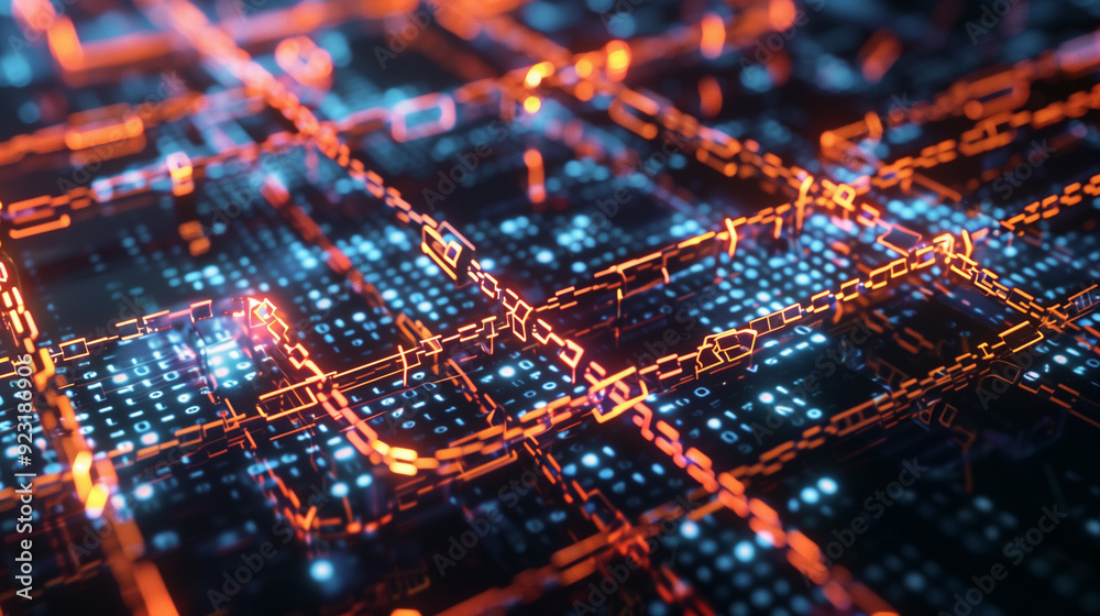 Poster a detailed visual of blockchain transactions with interconnected blocks, secure chains