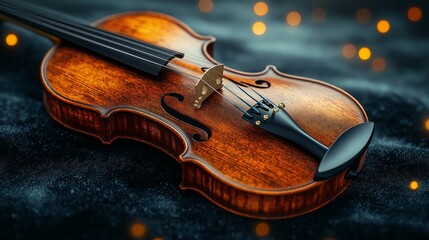 Obraz premium Close-up of a classic wooden violin placed on soft black fabric with warm, glowing bokeh lights in the background, highlighting the intricate craftsmanship and timeless beauty of the string instrument