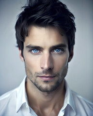 Obraz premium Attractive young man with blue eyes in a white shirt