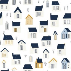 Fototapeta premium Seamless pattern of tiny minimalist tiny homes with clean lines