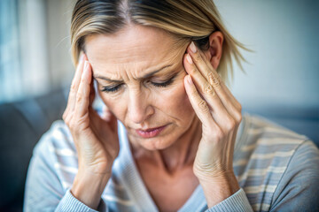Middle-aged woman suffering from a headache at home