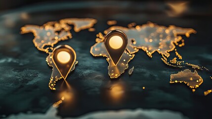 Two Illuminated Location Pins on a Golden World Map