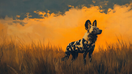 wild dog on sunset background