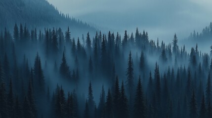 Obraz premium Misty forest. Foggy mountains. Misty spruce landscape banner
