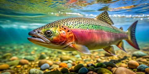 Fototapeta premium Close up of a colorful trout fish swimming in clear water, trout, fish, animal, underwater, wildlife, nature, river, freshwater