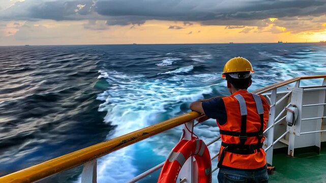 Maritime professional observing the ocean at sunset ship