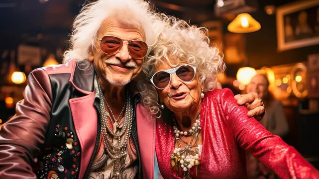 fun active seniors with brash cloths dancing in a club