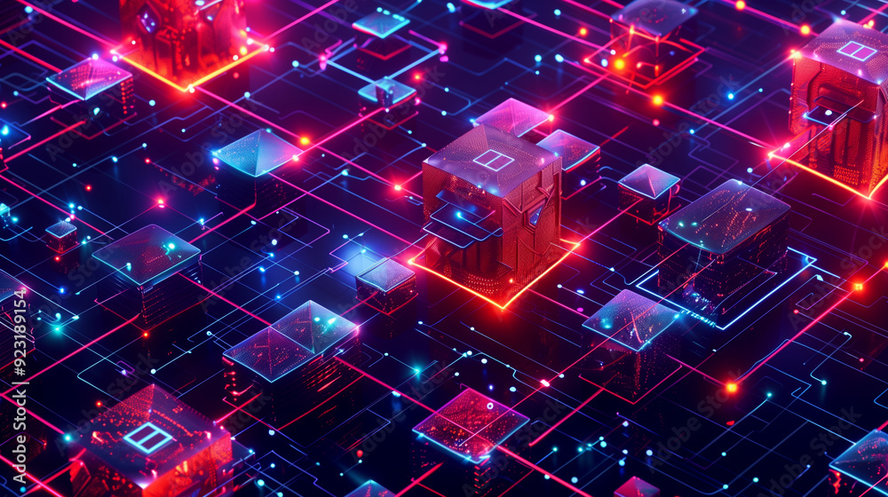 Poster a detailed visual of blockchain transactions with interconnected blocks, secure chains