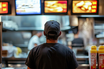 Obraz premium Customer Deciding on Meal at Fast Food Restaurant Counter