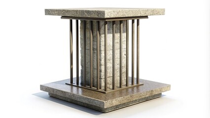 Rugged stone pedestal with reinforced metal bars, isolated on a white background, perfect for showcasing awards, trophies, or sculptures in a modern setting.