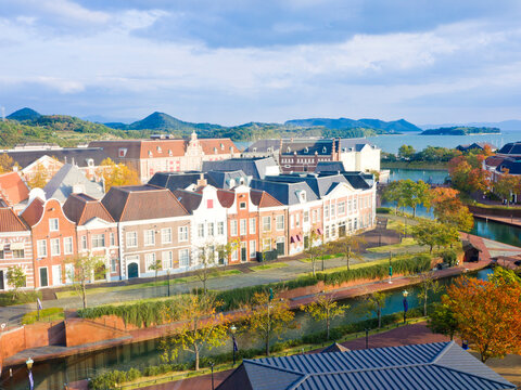 Aerial view of huis ten bosch in Nagasaki prefecture, Kyushu, Japan.