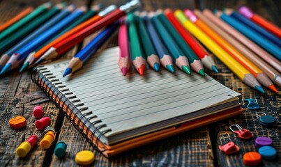 Obraz premium school stationery,blank paper notebook on wooden table back to school concept flat lay top view.