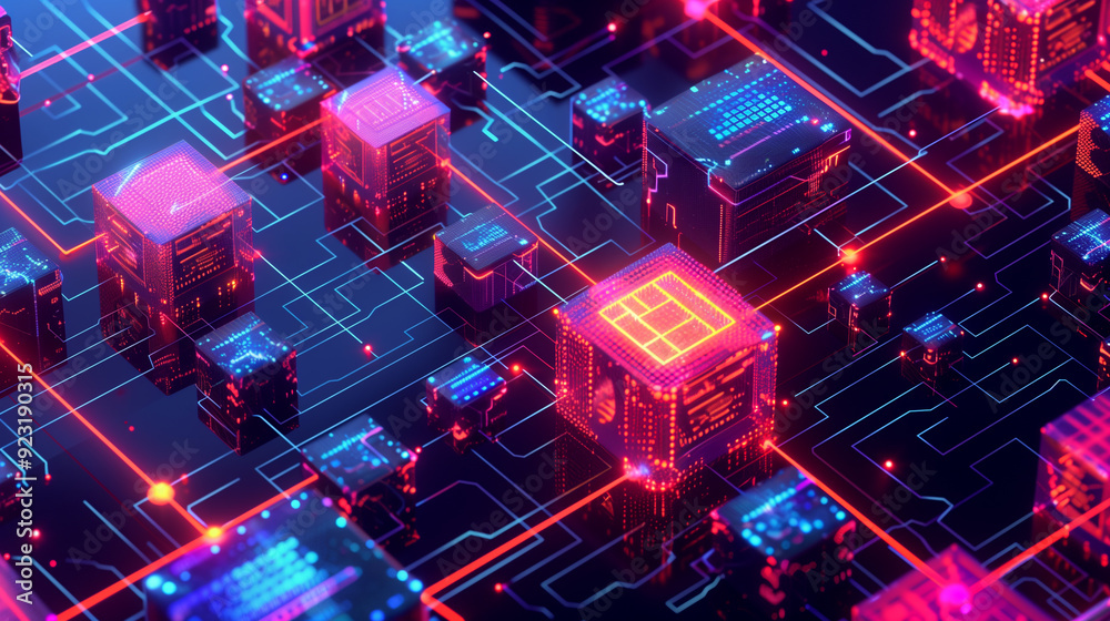 Poster a detailed visual of blockchain transactions with interconnected blocks, secure chains