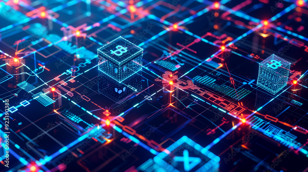 Poster a detailed visual of blockchain transactions with interconnected blocks, secure chains