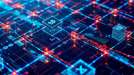 Fototapeta premium a detailed visual of blockchain transactions with interconnected blocks, secure chains