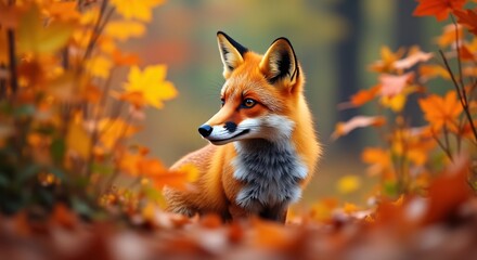 Fototapeta premium Vibrant red fox amidst autumn foliage, showcasing wildlife beauty, ideal for marketing, nature education, emotional connection, copy space, fall theme.