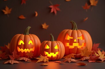 vibrant autumn scene, carved pumpkins with glowing faces, colorful falling leaves, Halloween decorations, festive atmosphere, ideal for marketing campaigns, copy space