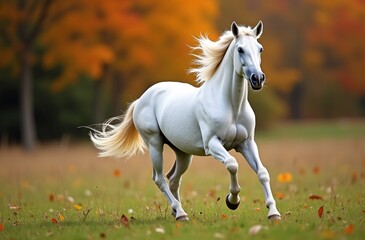 Obraz premium Majestic white horse galloping gracefully in a vibrant autumn field, radiating vitality, suitable for marketing, education, and emotional branding, abundant copy space.