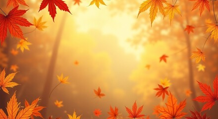 Obraz premium Serene autumn landscape with vibrant leaves, soothing color palette, copy space ideal for promotional use, evokes nostalgia, warmth, inviting engagement.