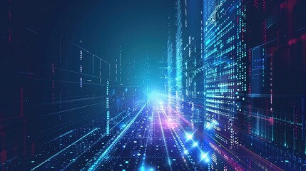 Futuristic digital city with glowing lines and data.