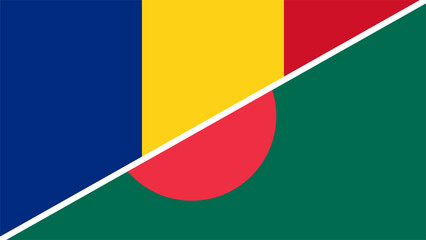 Romania and Bangladesh flags combined in a split design, symbolizing international relations, global unity, and cultural exchange