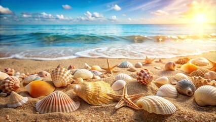 Beach holiday background with seashells scattered on sandy seashore, seashells, beach, holiday, background, sand