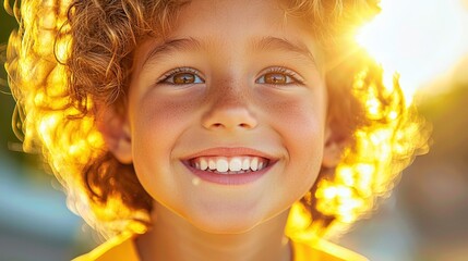 Cheerful child with curly hair smiling brightly, surrounded by sunlight, radiating joy and innocence.