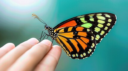 A vibrant butterfly gently perched on a hand, showcasing its colorful wings against a soft blurred background.